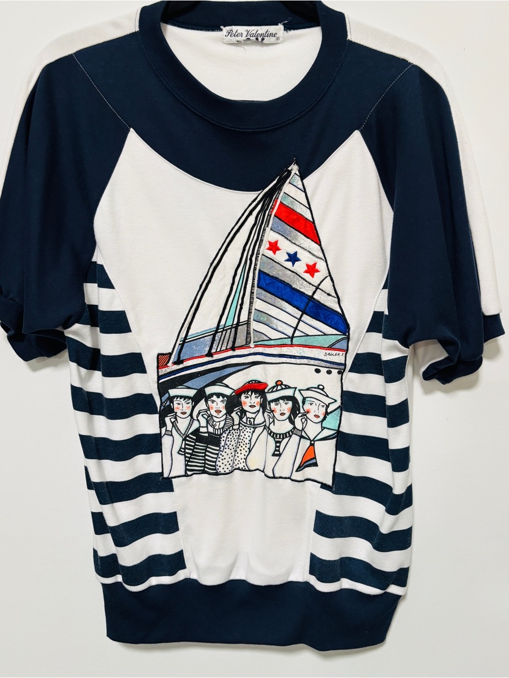Peter Valentine VTG White Red & Blue  Nautical Sailors Print/ embroidery Top